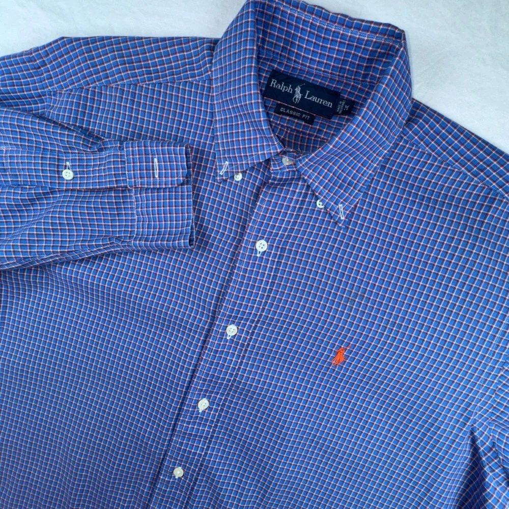 Ralph Lauren Button Down Shirt Mens M Blue Orange Plaid Classic Fit Long Sleeve